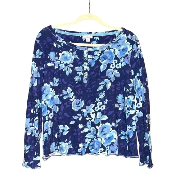 SUNDANCE Rosey Delights Henley Metallic Buttons Floral Top Blue Size Medium - Picture 2 of 14